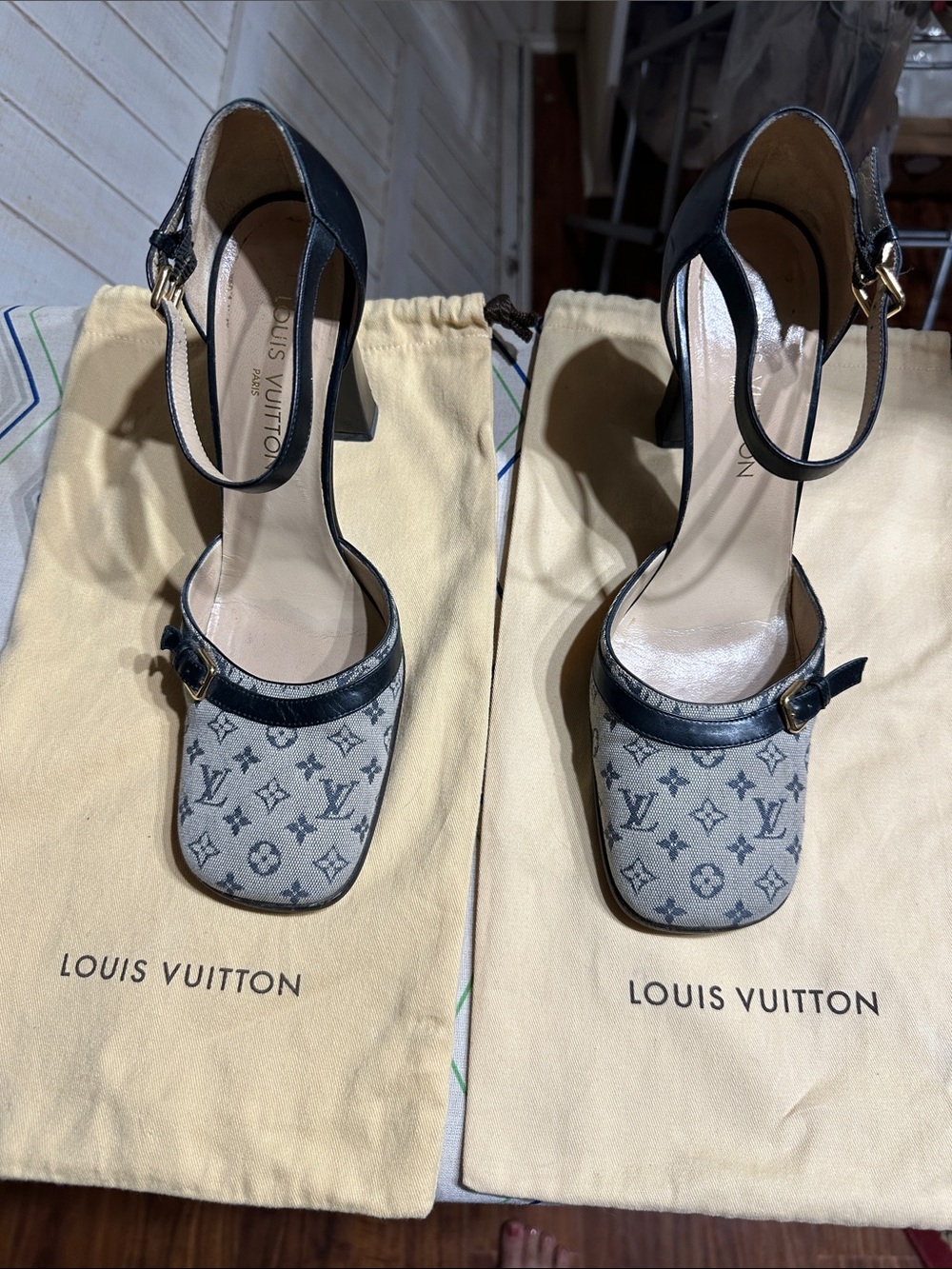 Louis Vuitton Gray Monogram Mary Jane Heels with Black Trim